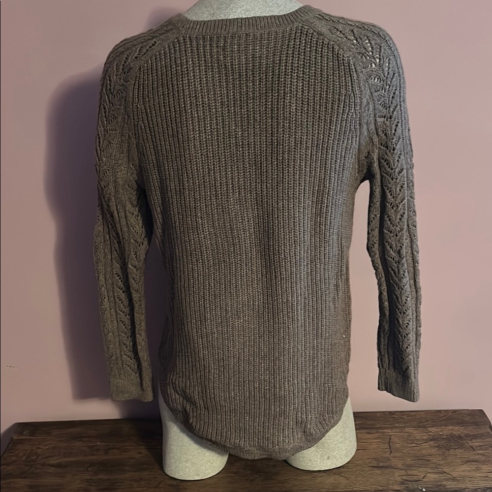 LOFT Brown Crew Neck Sweater with Cable Knit Sleeves - Picture 4 of 7
